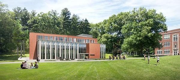 architectural rendering of building with students on the green 